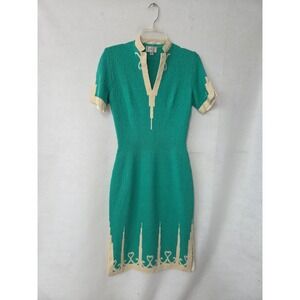 Dorce Vintage Wool Knit Sheath Dress Women 12 Teal Cream Intarsia Mod Retro 60s